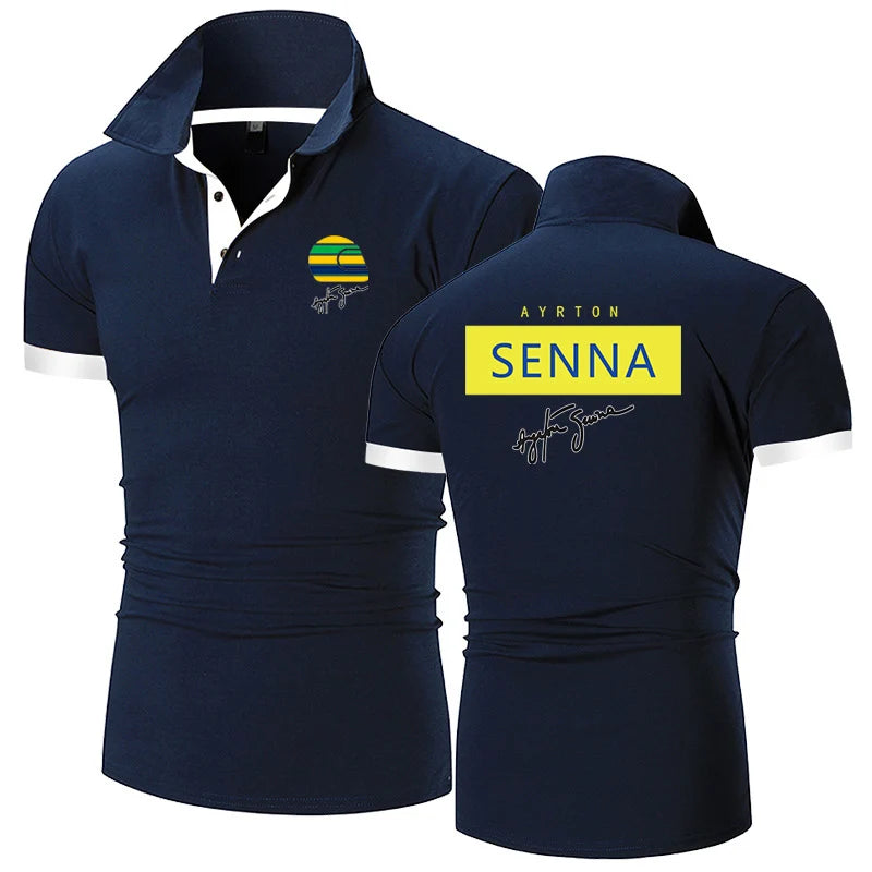 2024 Summer Men's Ayrton Senna Logo Printed High-Quality Cotton Sports Business Leisure Lapel Collar Solid Color Polo Shirt Tops