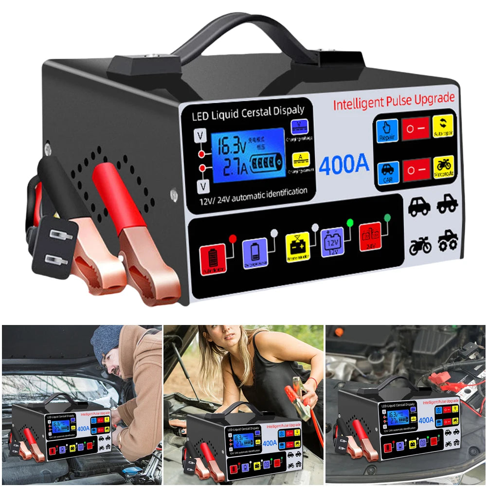 400A Heavy Duty Smart Battery Charger LCD Display Car Battery Charger 12/24V Intelligent Pulse Repair Charger High Power