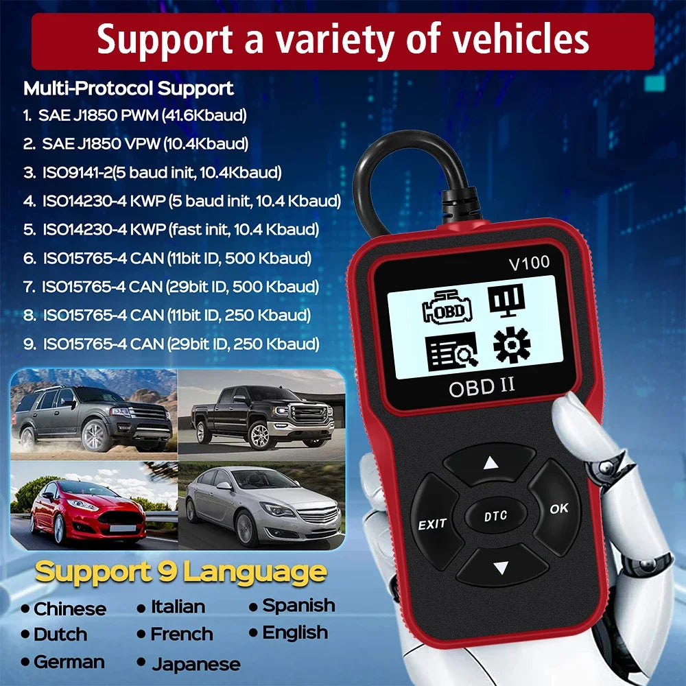 Digital Display V100 OBD2 Code Reader OBDII EOBD Auto Accessories Universal 16 Pin Car Diagnostic Tools OBD 2 Scanner