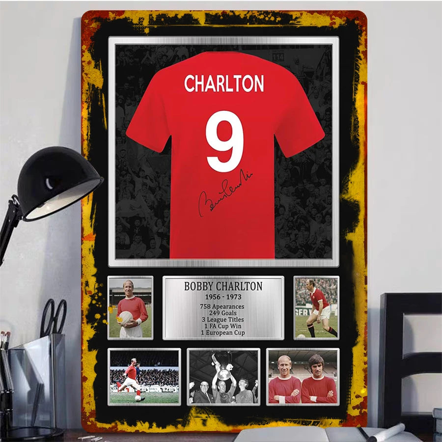 Bobby Charlton Signed Manchester United No.9 Metal Poster Legendary Career Stats & Championship Moments Collectible