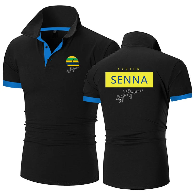 2024 Summer Men's Ayrton Senna Logo Printed High-Quality Cotton Sports Business Leisure Lapel Collar Solid Color Polo Shirt Tops
