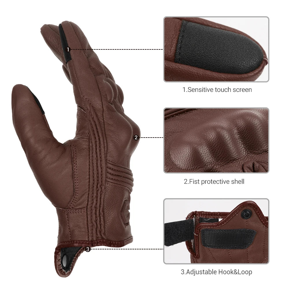 Retro Leather Motorcycle Gloves Men Full Finger Motorbiker Gloves Non-slip Protective Guantes Moto Motocross Cycling Glove M-2XL