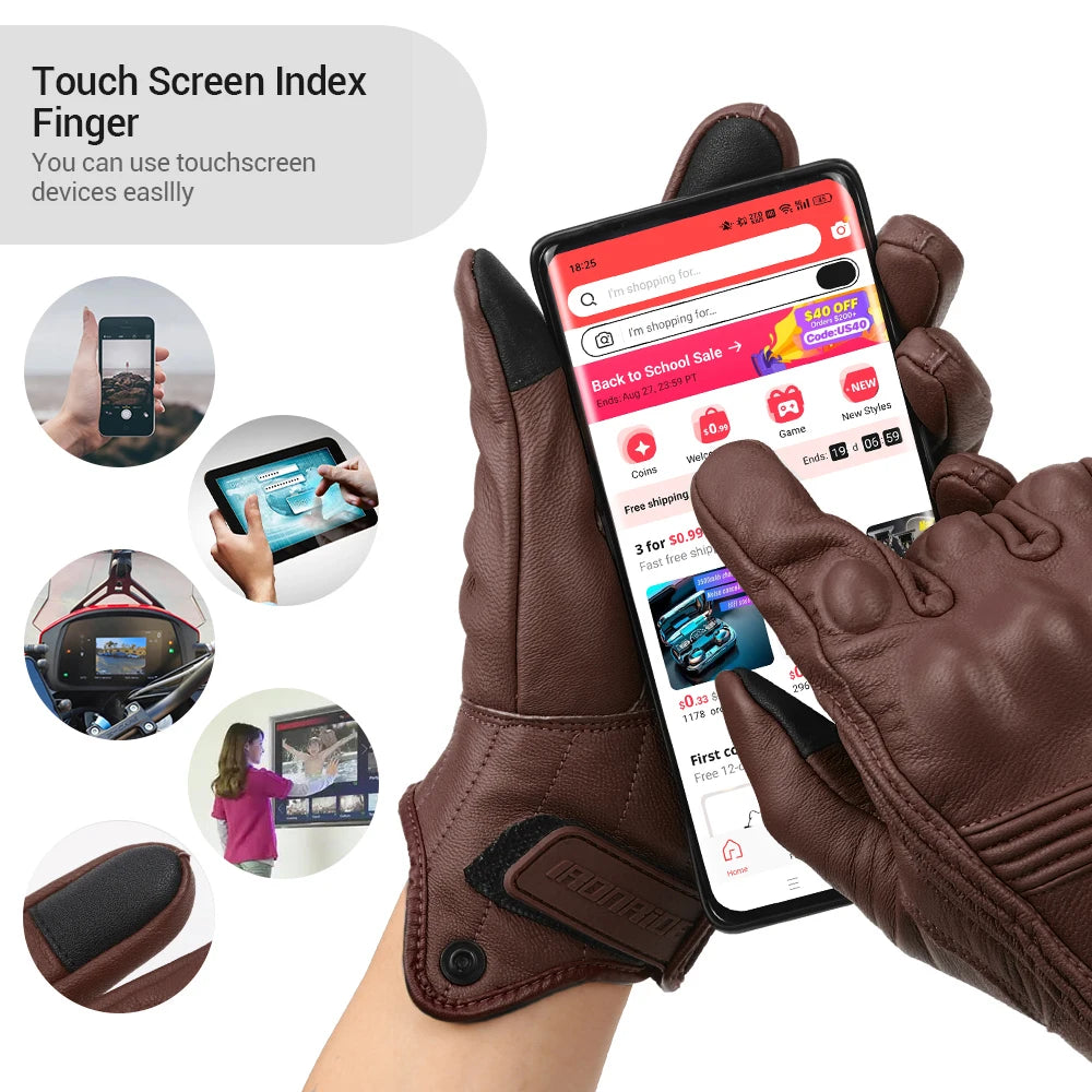 Retro Leather Motorcycle Gloves Men Full Finger Motorbiker Gloves Non-slip Protective Guantes Moto Motocross Cycling Glove M-2XL