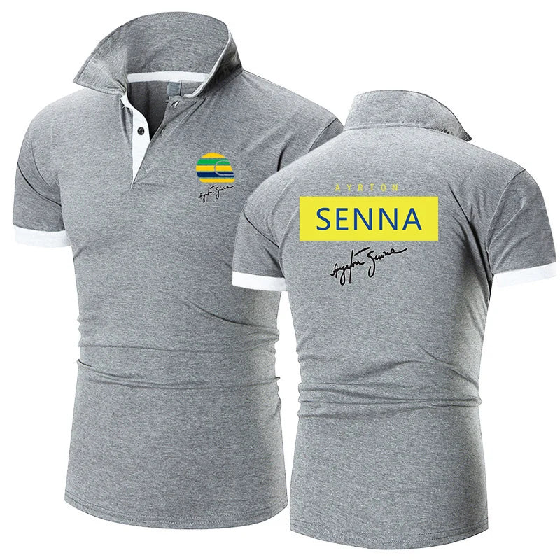 2024 Summer Men's Ayrton Senna Logo Printed High-Quality Cotton Sports Business Leisure Lapel Collar Solid Color Polo Shirt Tops