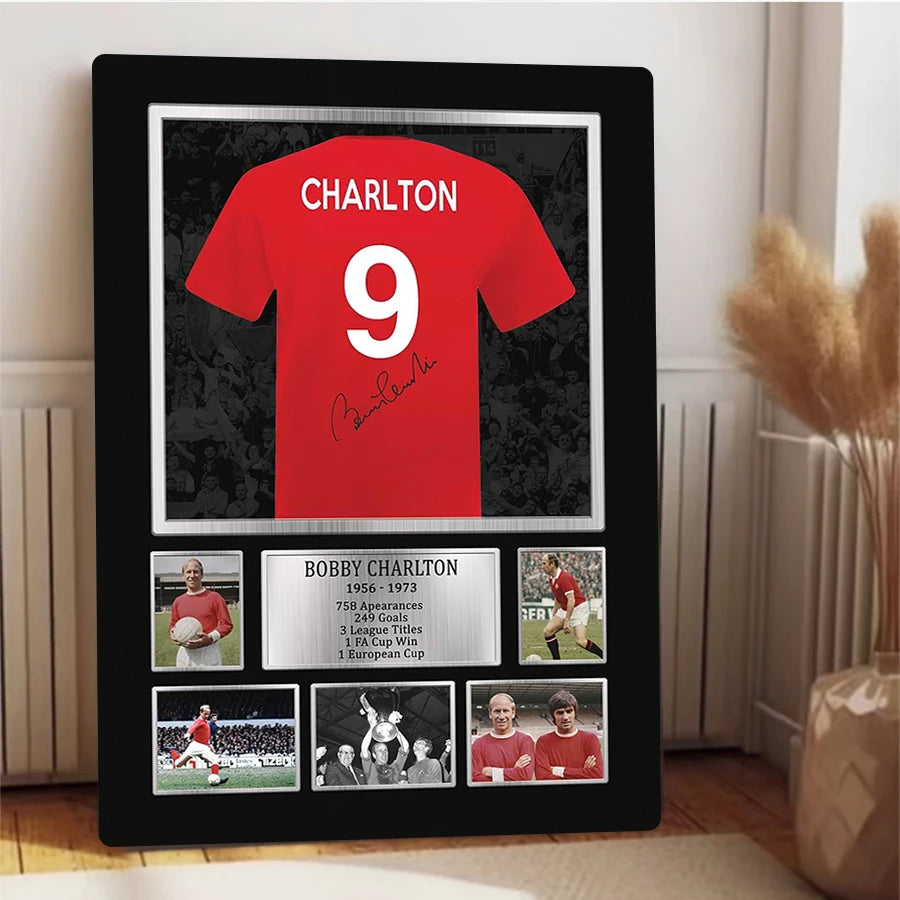 Bobby Charlton Signed Manchester United No.9 Metal Poster Legendary Career Stats & Championship Moments Collectible