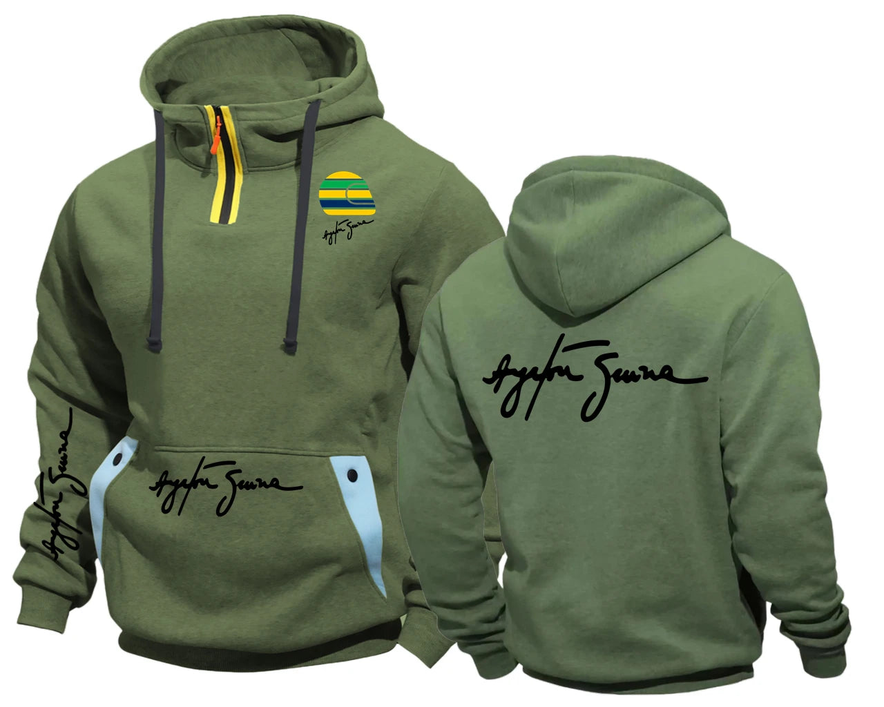 Racer Ayrton Senna Brazilian Car Semi-Zip Fleece Hooded Sweatshirt Hoodies Casual Sportswear Male Sweatshirt Men Hip Hop Coat