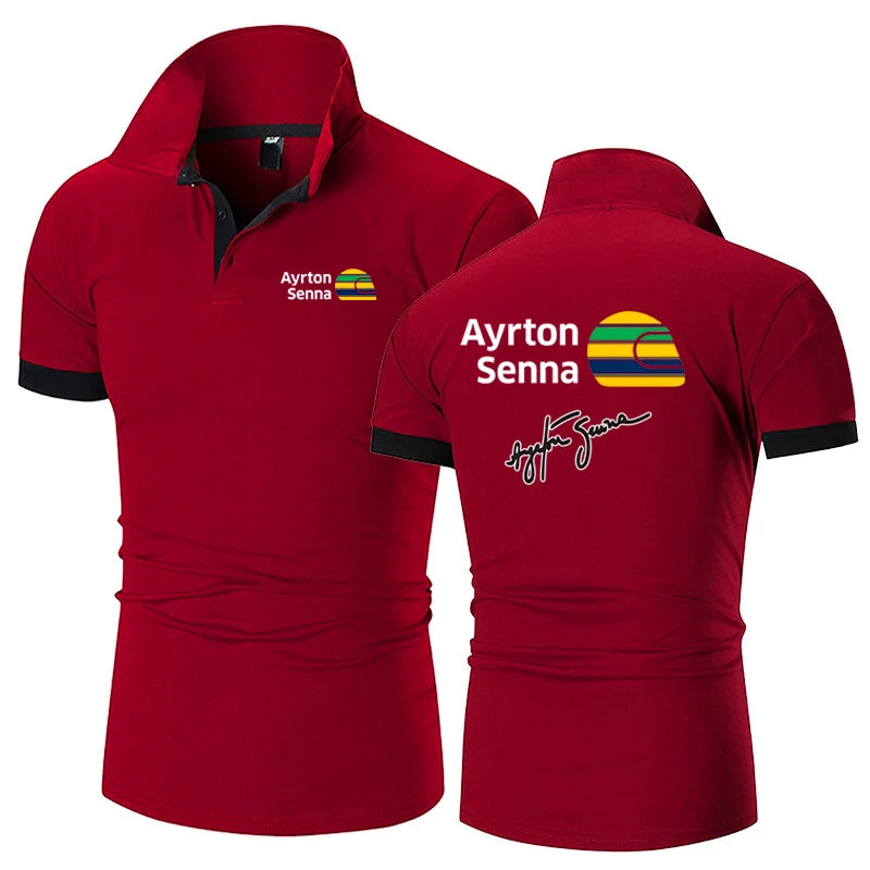 2024 Summer Men's Ayrton Senna Logo Printed High-Quality Cotton Sports Business Leisure Lapel Collar Solid Color Polo Shirt Tops