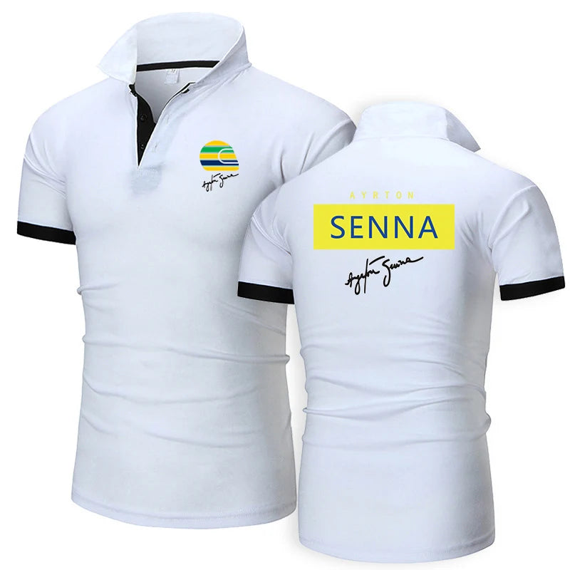 2024 Summer Men's Ayrton Senna Logo Printed High-Quality Cotton Sports Business Leisure Lapel Collar Solid Color Polo Shirt Tops