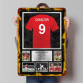 Bobby Charlton Signed Manchester United No.9 Metal Poster Legendary Career Stats & Championship Moments Collectible