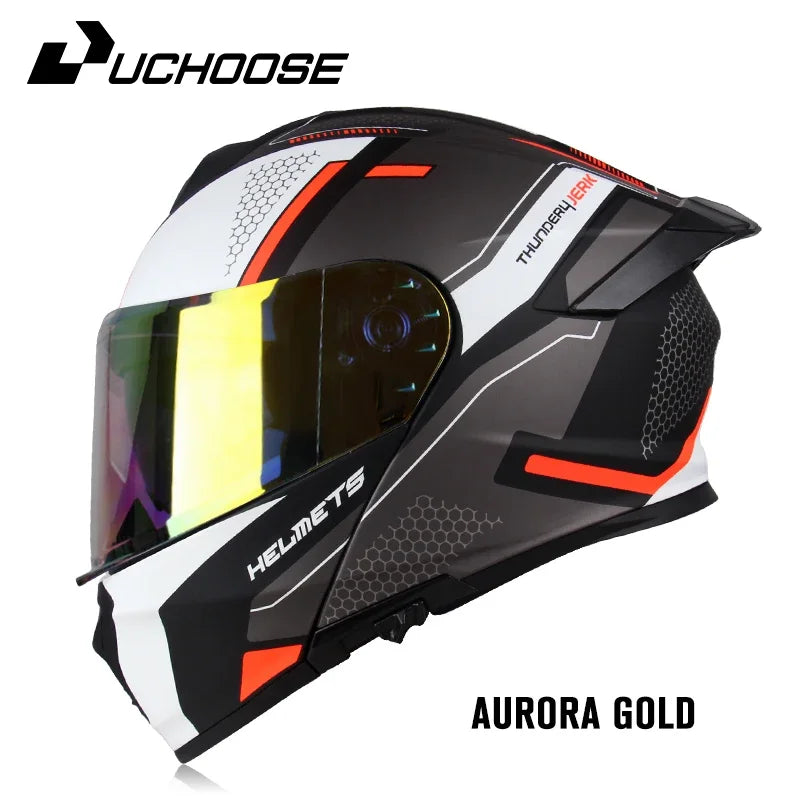 DOT Uchoose Approved Full Face Helmets Crash Motorbike Protective Gear Men Women Flip Up Helmet Motorcycle Visor Double Sun