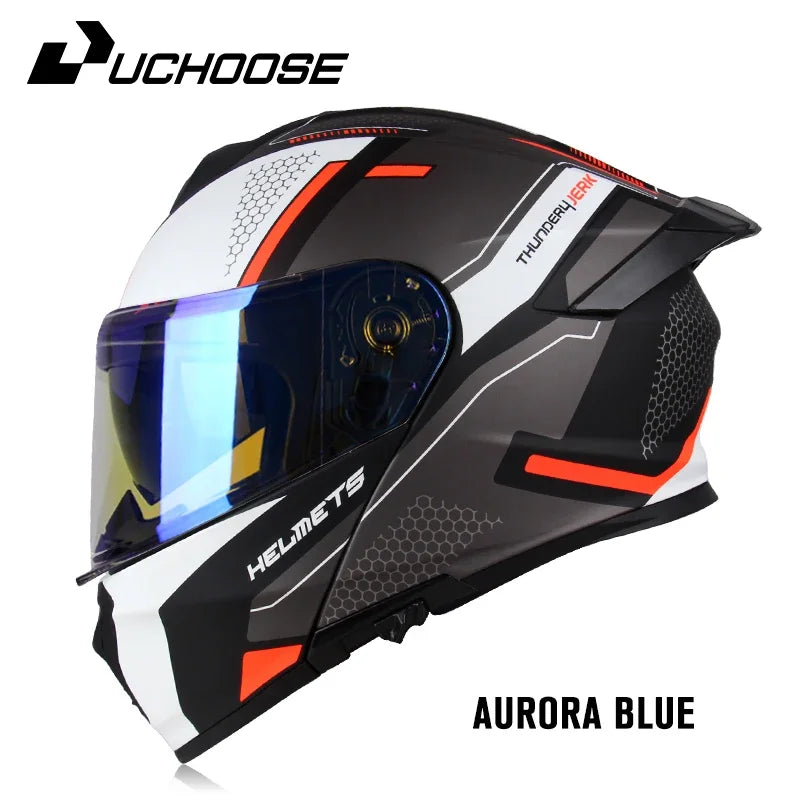 DOT Uchoose Approved Full Face Helmets Crash Motorbike Protective Gear Men Women Flip Up Helmet Motorcycle Visor Double Sun