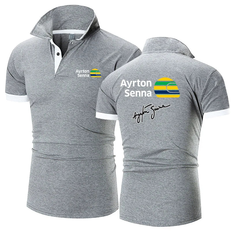 2024 Summer Men's Ayrton Senna Logo Printed High-Quality Cotton Sports Business Leisure Lapel Collar Solid Color Polo Shirt Tops
