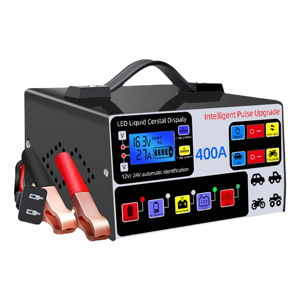 400A Heavy Duty Smart Battery Charger LCD Display Car Battery Charger 12/24V Intelligent Pulse Repair Charger High Power
