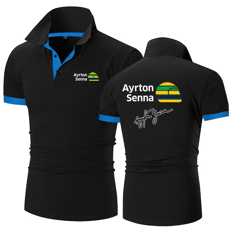 2024 Summer Men's Ayrton Senna Logo Printed High-Quality Cotton Sports Business Leisure Lapel Collar Solid Color Polo Shirt Tops