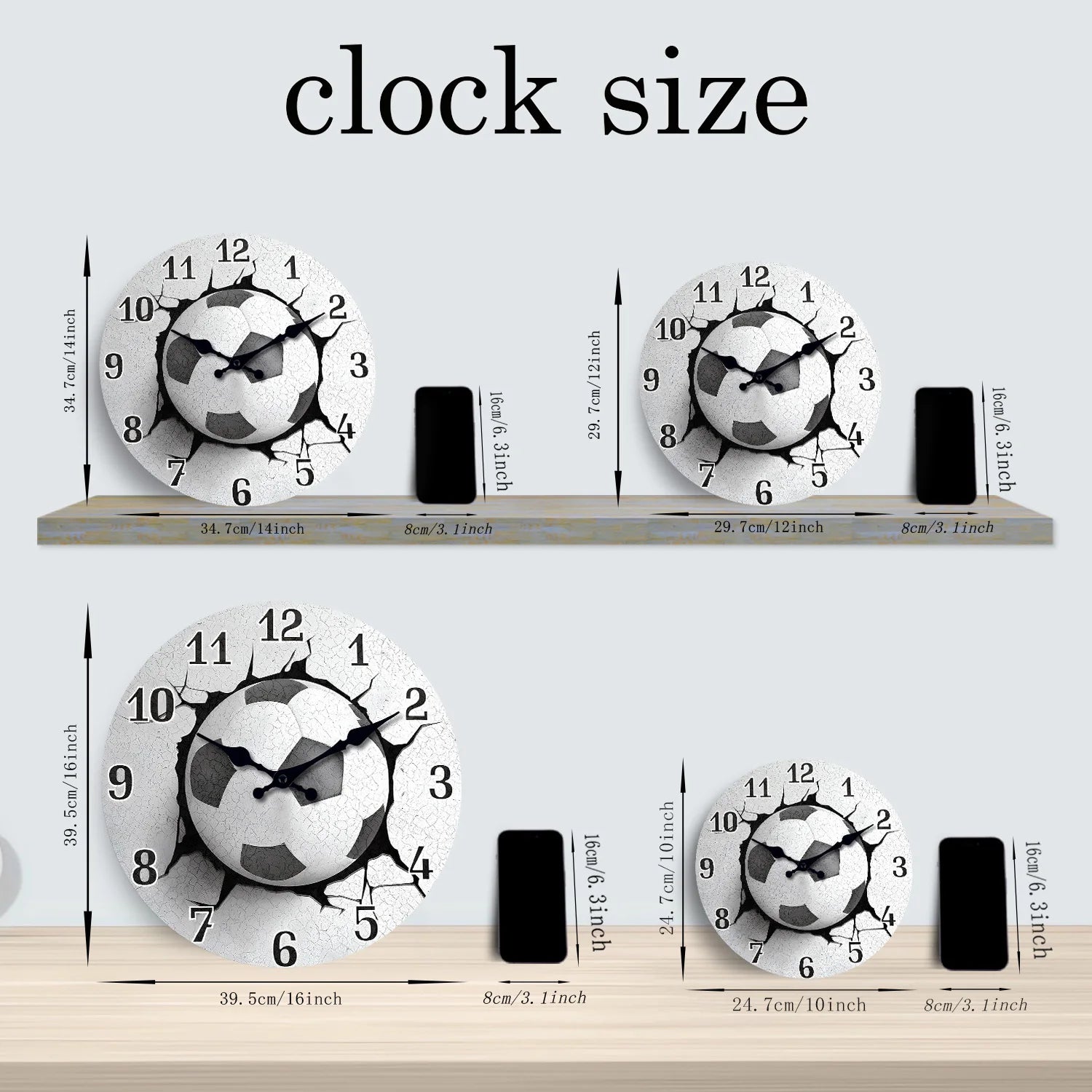 Creative and Unique Football Pattern Wooden Wall Clock for Living Room, Bedroom, Kitchen, Home Decoration, Silent Quartz Clock, Holiday Gift, 10 Inches, 12 Inches (No Battery)
