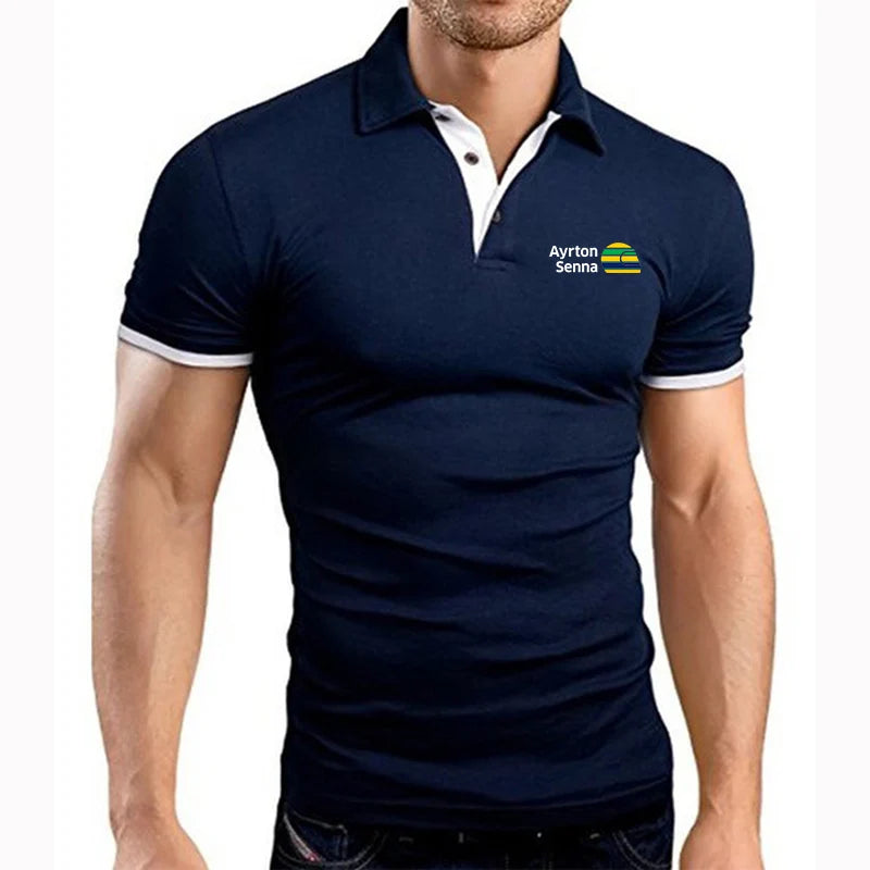2024 Summer Men's Ayrton Senna Logo Printed High-Quality Cotton Sports Business Leisure Lapel Collar Solid Color Polo Shirt Tops
