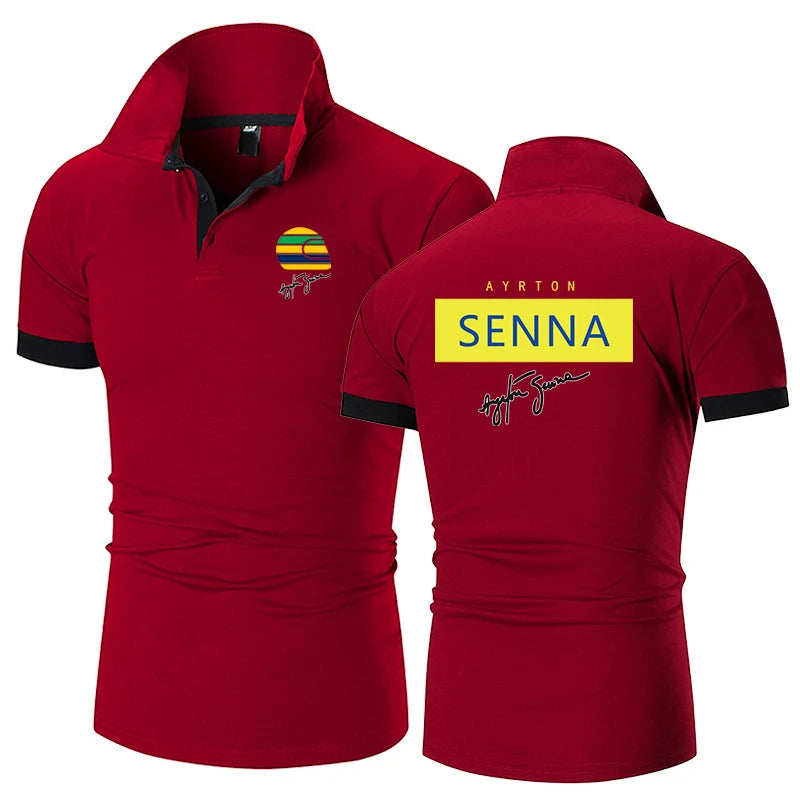 2024 Summer Men's Ayrton Senna Logo Printed High-Quality Cotton Sports Business Leisure Lapel Collar Solid Color Polo Shirt Tops
