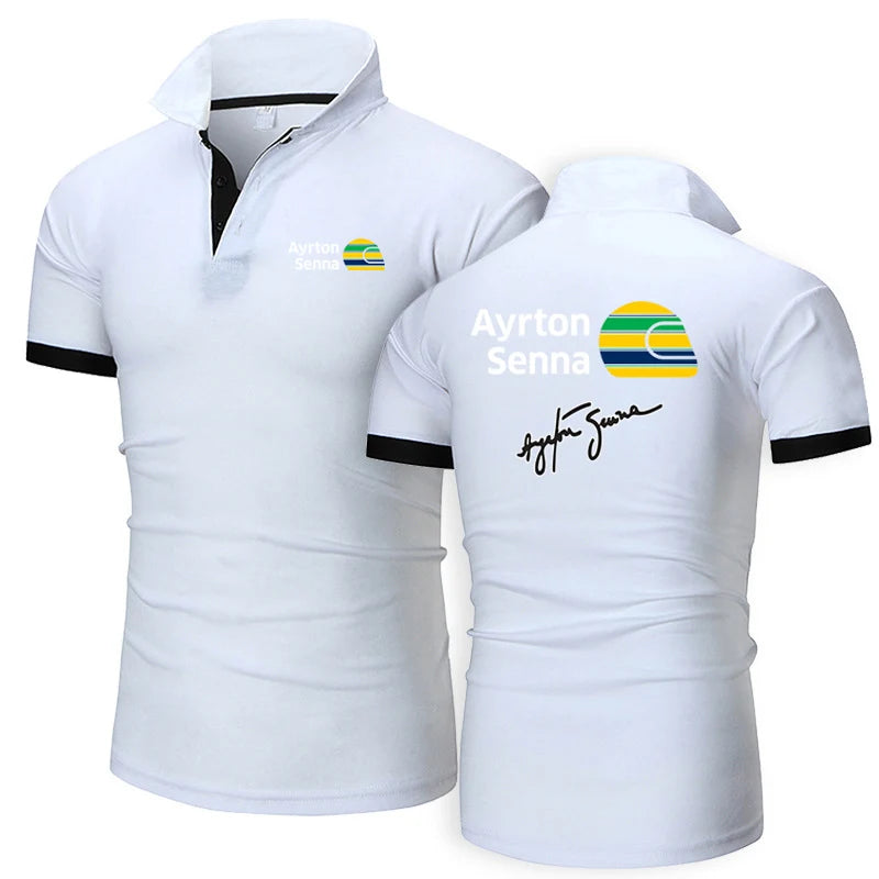 2024 Summer Men's Ayrton Senna Logo Printed High-Quality Cotton Sports Business Leisure Lapel Collar Solid Color Polo Shirt Tops