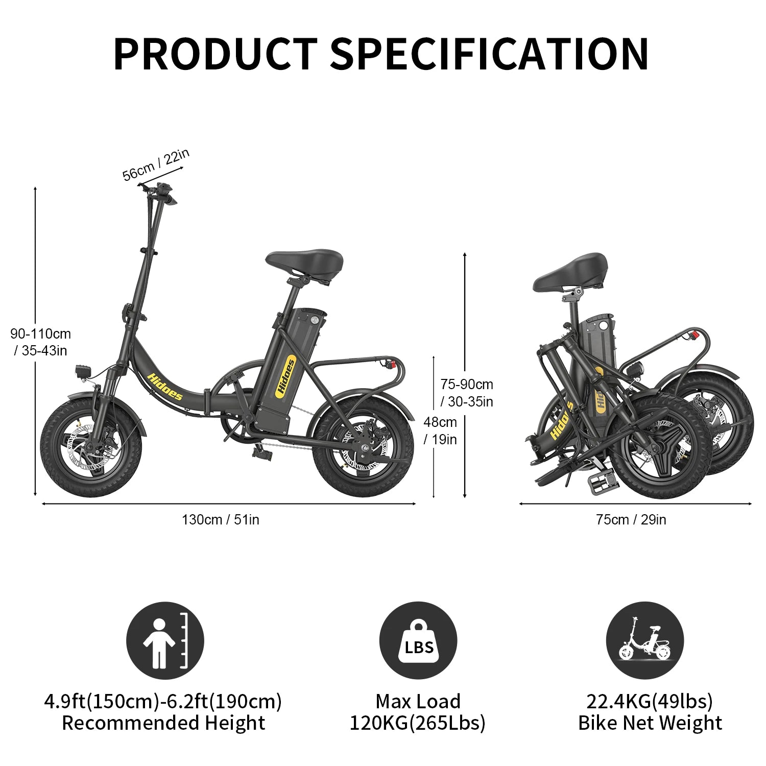 Hidoes Electric Bicycle 350W Motor 36V10.4AH Lithium Battery E-bike Adult Children Universal 14-inch Folding Electric Bike