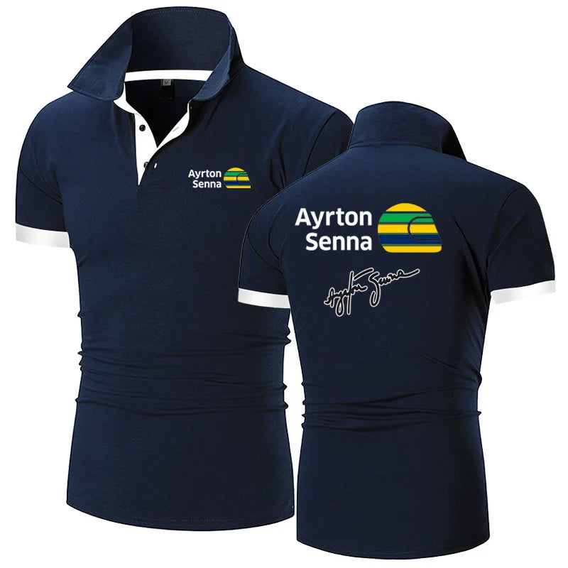2024 Summer Men's Ayrton Senna Logo Printed High-Quality Cotton Sports Business Leisure Lapel Collar Solid Color Polo Shirt Tops