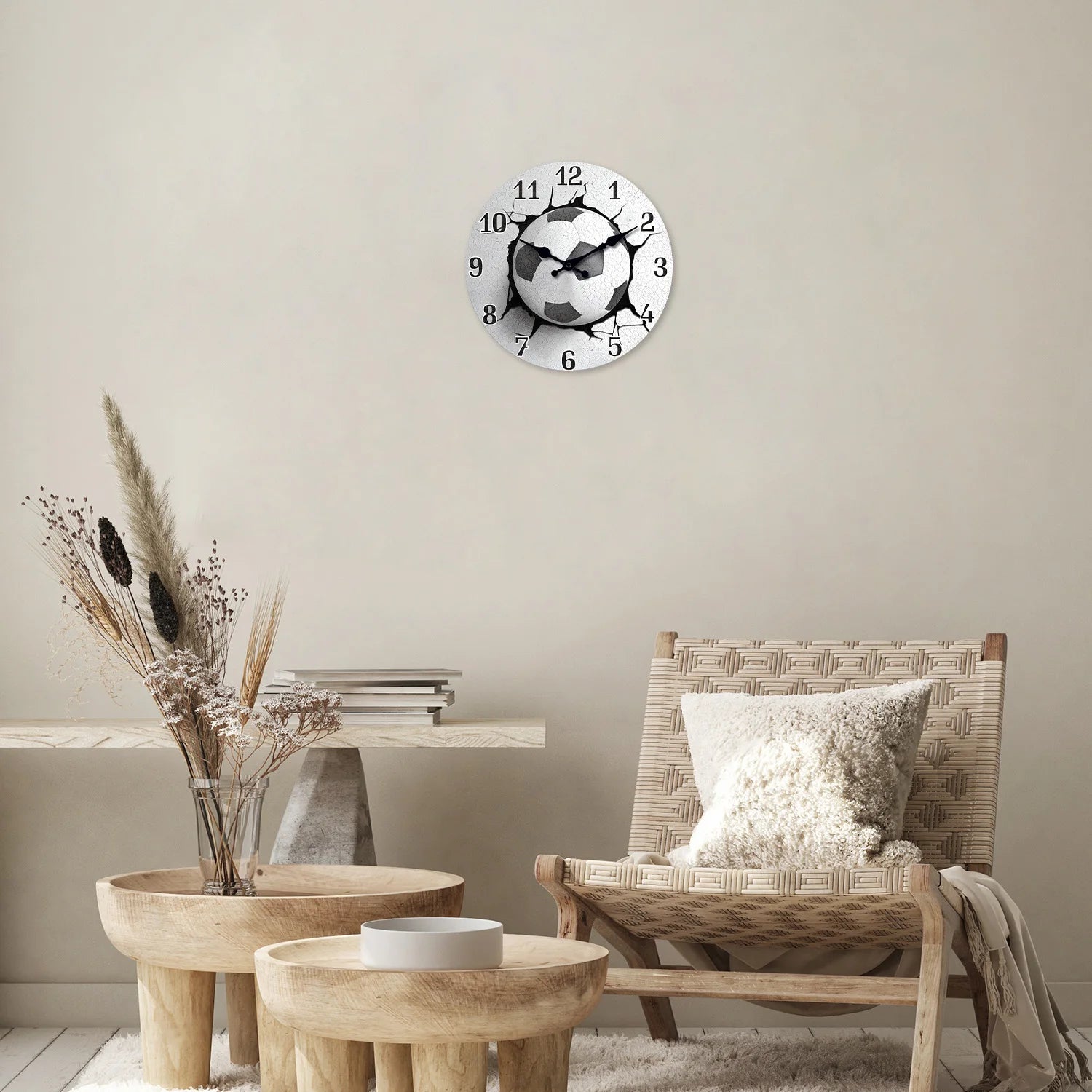 Creative and Unique Football Pattern Wooden Wall Clock for Living Room, Bedroom, Kitchen, Home Decoration, Silent Quartz Clock, Holiday Gift, 10 Inches, 12 Inches (No Battery)